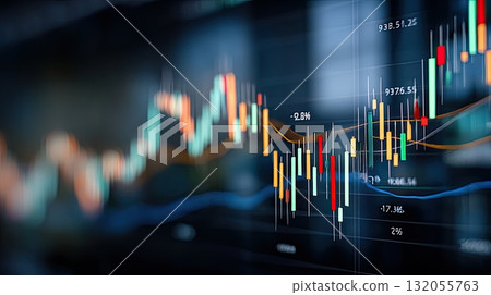 Colorful candlestick chart shows market changes with various indicators illustrating trading activity during market hours 132055763