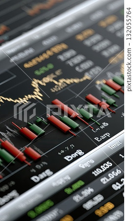Colorful candlestick chart shows market changes with various indicators illustrating trading activity during market hours 132055764