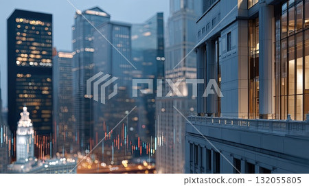 Financial data visuals overlay a city skyline at dusk, highlighting market growth along the waterfront as day transitions to night 132055805