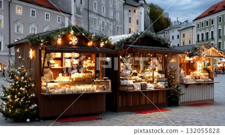 Vendors showcase sweet treats and crafts at a lively market, where twinkling lights enhance the cozy winter atmosphere 132055828