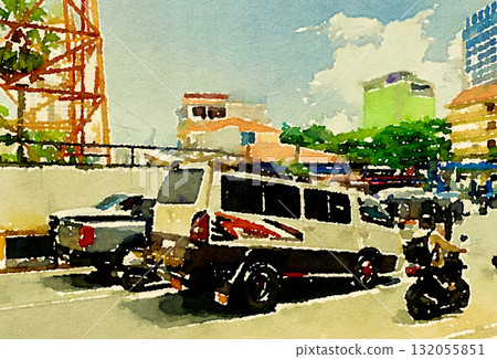 柬埔寨金邊的交通堵塞和三輪貨車 | 運送行李的獨特高輪貨車的水彩畫 132055851