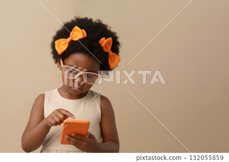 african american girl in glasses with orange bows uses an orange smartphone on a beige background 132055859