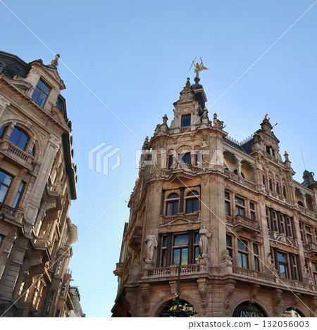 Ornate architecture of Antwerp building facade with classical statues and golden rooftop figure against blue sky. Belgium Ornate architecture of Antwerp building facade with classical statues and golden rooftop figure against blue sky. Belgium 132056003