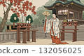A shrine maiden with a broom stands there! Autumn in Japan at a quiet shrine with autumn leaves 132056025