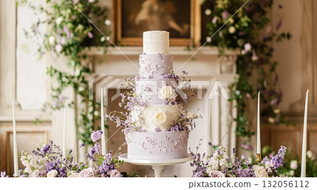 Wedding cake with lavender flowers. Holiday table decoration 132056112
