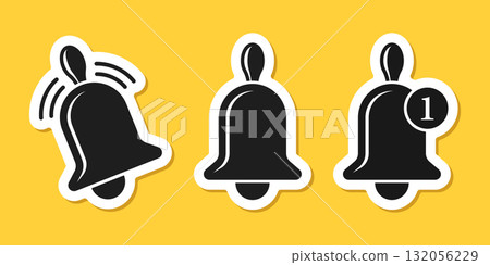 Notification bell sticker icon set in flat style. Incoming inbox message vector illustration on isolated background. Ringing bell sign business concept. 132056229