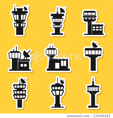 Flight control tower sticker icon set in flat style. Navigation monitor vector illustration on isolated background. Airport building sign business concept. 132056263