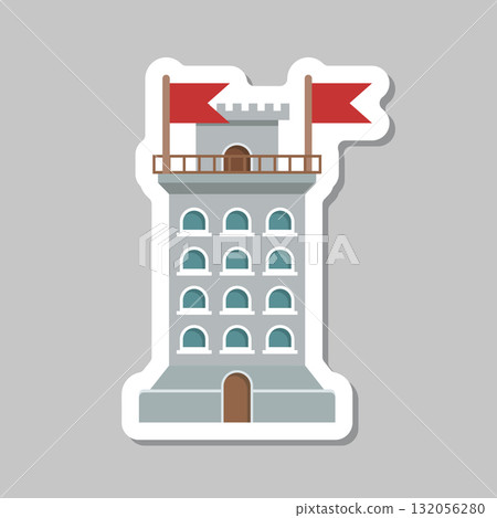 Castle tower sticker icon in flat style. Medieval citadel vector illustration on isolated background. Stronghold building sign business concept. Castle tower sticker icon in flat style. Medieval citadel vector illustration on isolated background. Stronghold building sign business concept. 132056280