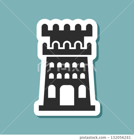 Castle tower sticker icon in flat style. Medieval citadel vector illustration on isolated background. Stronghold building sign business concept. 132056281