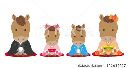可愛的十二生肖系列和服人物 - 馬年/無主線 - 一家人穿著傳統日本服裝,以正座姿勢互相問候 - 嚴肅 可愛的十二生肖系列和服人物 - 馬年/無主線 - 一家人穿著傳統日本服裝,以正座姿勢互相問候 - 嚴肅 132056317