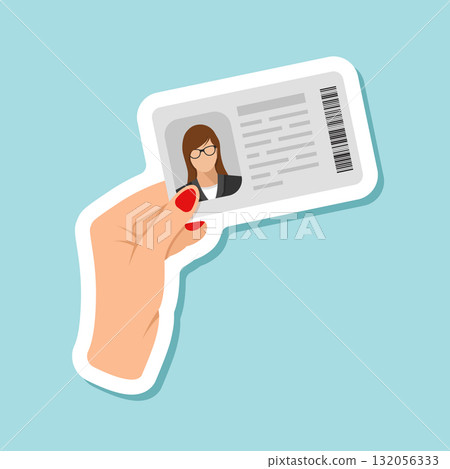Hand holding driver license sticker icon in flat style. Identification document vector illustration on isolated background. Profile card sign business concept. Hand holding driver license sticker icon in flat style. Identification document vector illustration on isolated background. Profile card sign business concept. 132056333