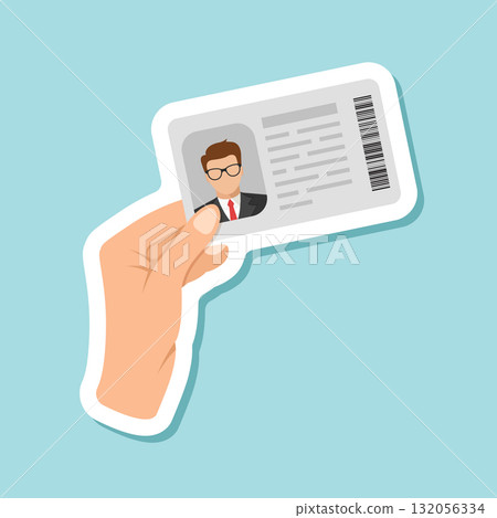 Hand holding driver license sticker icon in flat style. Identification document vector illustration on isolated background. Profile card sign business concept. Hand holding driver license sticker icon in flat style. Identification document vector illustration on isolated background. Profile card sign business concept. 132056334
