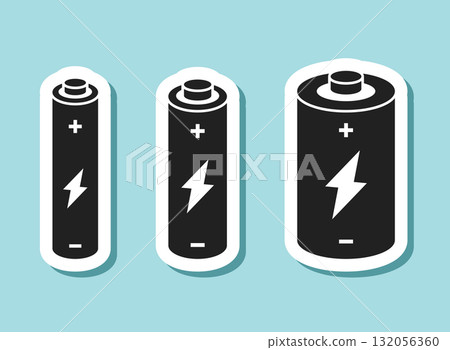 Alkaline battery sticker set icon in flat style. Different size accumulator vector illustration on isolated background. Accumulator recharge sign business concept. 132056360