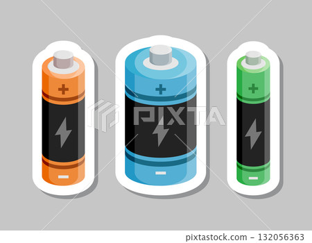 Alkaline battery sticker set icon in flat style. Different size accumulator vector illustration on isolated background. Accumulator recharge sign business concept. Alkaline battery sticker set icon in flat style. Different size accumulator vector illustration on isolated background. Accumulator recharge sign business concept. 132056363