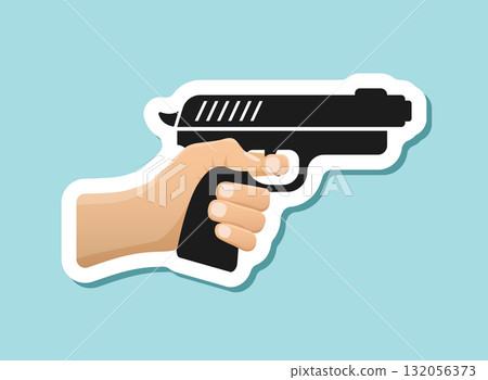 Hand holding pistol gun sticker icon in flat style. Firearm symbol vector illustration on isolated background. Rifle ammo sign business concept. 132056373