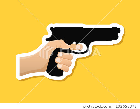 Hand holding pistol gun sticker icon in flat style. Firearm symbol vector illustration on isolated background. Rifle ammo sign business concept. Hand holding pistol gun sticker icon in flat style. Firearm symbol vector illustration on isolated background. Rifle ammo sign business concept. 132056375