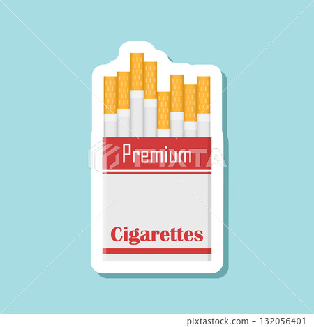 Packet of cigarettes sticker icon in flat style. Smoking vector illustration on isolated background. Tobacco box sign business concept. Packet of cigarettes sticker icon in flat style. Smoking vector illustration on isolated background. Tobacco box sign business concept. 132056401