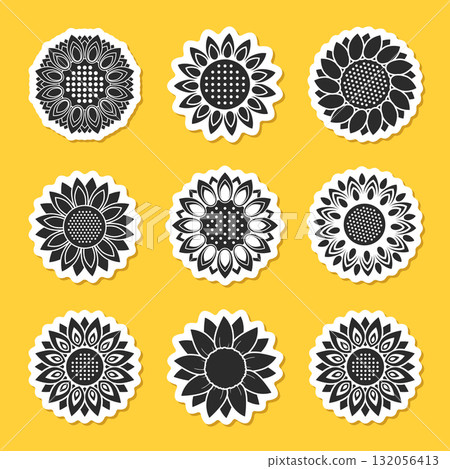 Sunflower sticker icon in flat style. Flora vector illustration on isolated background. Sunflower sign business concept. 132056413
