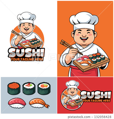 Sushi chef cartoon mascot logo. Sushi and maki logo. Japanese chef cartoon with Sushi and maki logo Sushi chef cartoon mascot logo. Sushi and maki logo. Japanese chef cartoon with Sushi and maki logo 132056428