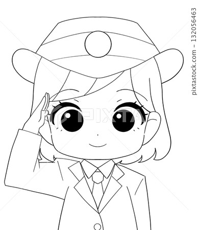 A cute black and white illustration of a female station attendant wearing a long-sleeved uniform 132056463
