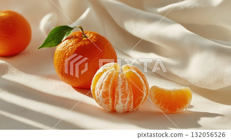 Fresh Orange With Peel Segments On Soft White Fabric For Bright, Healthy Food Photography 132056526