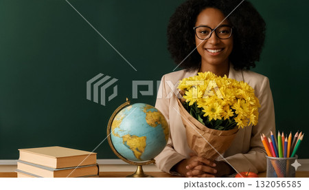 portrait of young african american teacher in glasses with yellow chrysanthemums, globe, and books 132056585