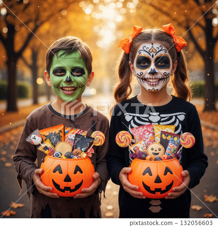 boy in green makeup and girl in calavera costume with jack-o'-lantern buckets on halloween 132056603