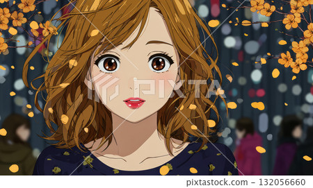 Young woman with soft expression surrounded by flowers in a vibrant, bustling street scene at night 132056660