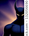Dark figure with glowing eyes stands against a purple and golden background during a dramatic dusk scene 132056690