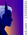 Character silhouette with striking features and vibrant gradient background showcasing a blend of purple and orange hues 132056692