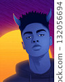 Digital art depicting a young person with devil horns against a vibrant sunset backdrop 132056694