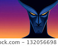 Dark animated character with glowing eyes stands against a vibrant sunset background 132056698