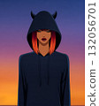 Mysterious figure with orange hair and devil horns under colorful sunset sky 132056701