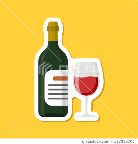 Wine bottle with glass sticker icon in flat style. Alcohol drink vector illustration on isolated background. Champagne beverage sign business concept. 132056703
