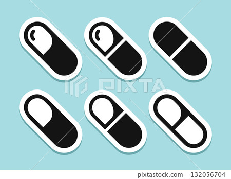 Pills capsules sticker icon set collection in flat style. Medical tablet vector illustration on isolated background. Healthcare drug sign business concept. 132056704