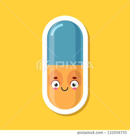 Cute character pills sticker icon in flat style. Happy tablet vector illustration on isolated background. Medical drug sign business concept. Cute character pills sticker icon in flat style. Happy tablet vector illustration on isolated background. Medical drug sign business concept. 132056735