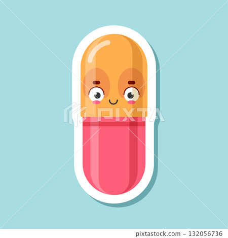 Cute character pills sticker icon in flat style. Happy tablet vector illustration on isolated background. Medical drug sign business concept. Cute character pills sticker icon in flat style. Happy tablet vector illustration on isolated background. Medical drug sign business concept. 132056736