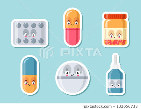 Cute character pills sticker icon set collection in flat style. Happy tablet vector illustration on isolated background. Medical drug sign business concept. 132056738