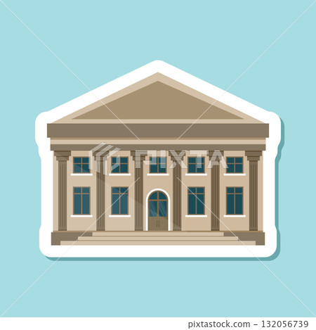 Bank building icon sticker in flat style. Financing department vector illustration on isolated background. Courthouse with columns sign business concept. Bank building icon sticker in flat style. Financing department vector illustration on isolated background. Courthouse with columns sign business concept. 132056739