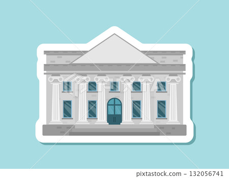 Bank building icon sticker in flat style. Financing department vector illustration on isolated background. Courthouse with columns sign business concept. 132056741
