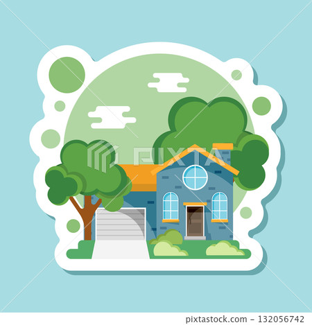 House icon sticker in flat style. Home vector illustration on isolated background. Apartment building sign business concept. 132056742