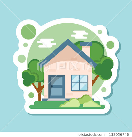 House icon sticker in flat style. Home vector illustration on isolated background. Apartment building sign business concept. 132056746