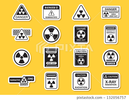 Radioactive material icon set sticker collection in flat style. Radiation danger vector illustration on isolated background. Caution sign business concept. Radioactive material icon set sticker collection in flat style. Radiation danger vector illustration on isolated background. Caution sign business concept. 132056757