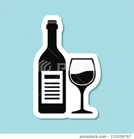 Wine bottle with glass sticker icon in flat style. Alcohol drink vector illustration on isolated background. Champagne beverage sign business concept. Wine bottle with glass sticker icon in flat style. Alcohol drink vector illustration on isolated background. Champagne beverage sign business concept. 132056797