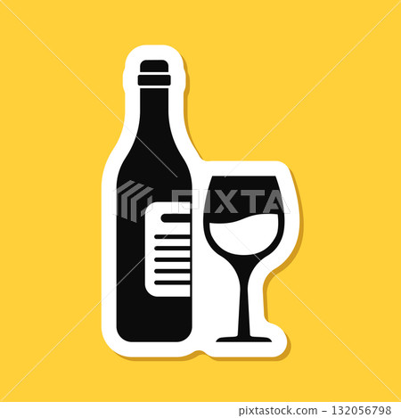 Wine bottle with glass sticker icon in flat style. Alcohol drink vector illustration on isolated background. Champagne beverage sign business concept. Wine bottle with glass sticker icon in flat style. Alcohol drink vector illustration on isolated background. Champagne beverage sign business concept. 132056798