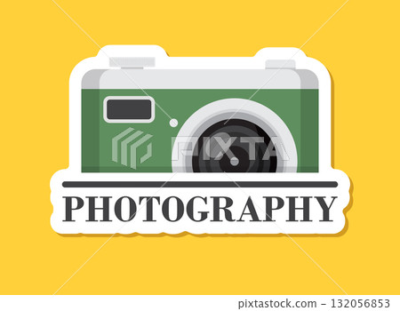 Camera sticker icon in flat style. Photography vector illustration on isolated background. Photo sign business concept. 132056853