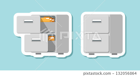 Office cabinet sticker icon in flat style. Furniture storage vector illustration on isolated background. Drawer sign business concept. Office cabinet sticker icon in flat style. Furniture storage vector illustration on isolated background. Drawer sign business concept. 132056864
