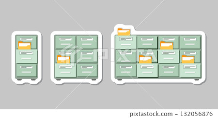 Office cabinet sticker icon set in flat style. Furniture storage vector illustration on isolated background. Drawer sign business concept. Office cabinet sticker icon set in flat style. Furniture storage vector illustration on isolated background. Drawer sign business concept. 132056876