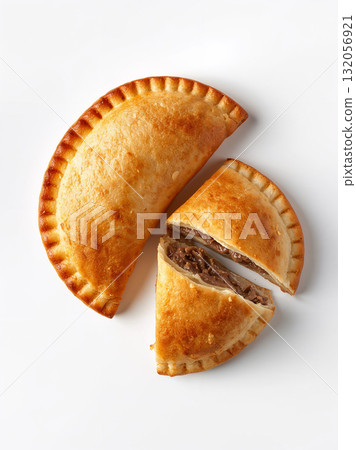 op view of a savory baked pastry, with one whole and one cut in half revealing delicious filling. Empanada or Pasty on a clean white background. 132056921