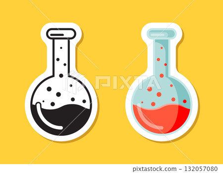 Science lab bottle sticker icon in flat style. Laboratory glassware equipment vector illustration on isolated background. Test tube sign business concept. 132057080